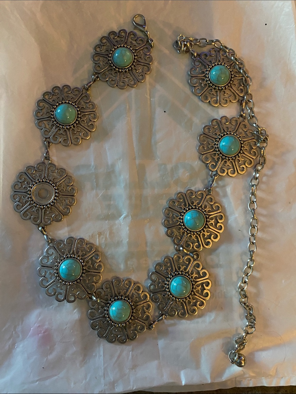 Silver-Tone Filigree Waist Belt with Turquoise Accents